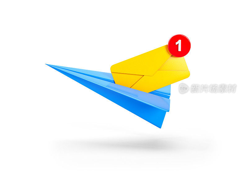 3D邮件信封在纸飞机和通知消息。纸信图标与通知红色气泡和飞机。新邮件或未读邮件。信息，联系，信件和文件。3d插图