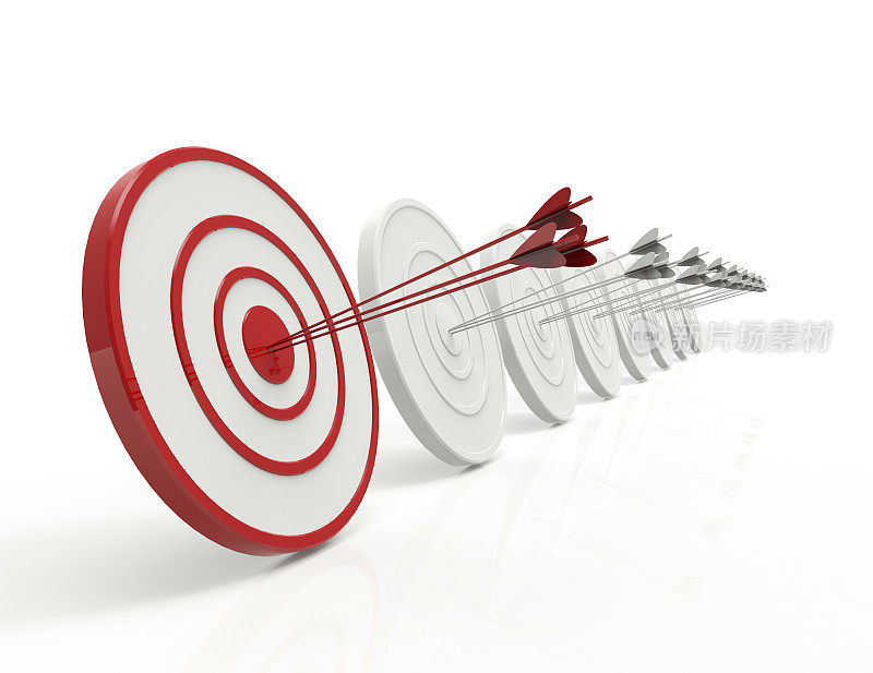 红色箭头旨在商业目标目标击中成功中心准确性竞争符号或战略飞镖和赢家靶心射箭孤立在白色三维背景图标与营销成果。