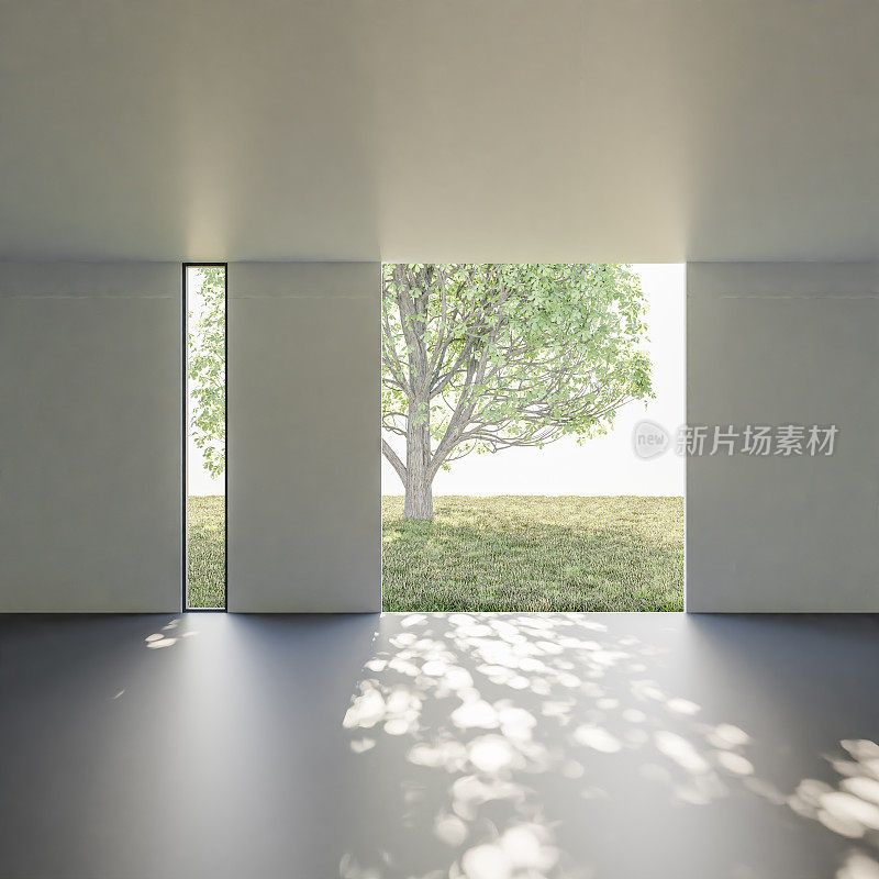 现代的阁楼空房间，敞开的门通往花园3d渲染房间有混凝土瓷砖地板