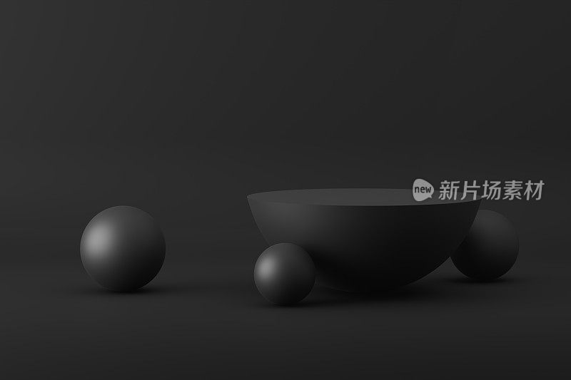 黑色半球形讲台、基座或平台，地板上有黑色球体。空白的平台和抽象的几何形状的产品展示。