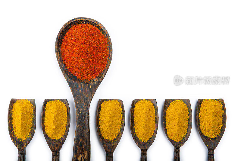 姜黄和辣椒香料放在木勺上孤立白色