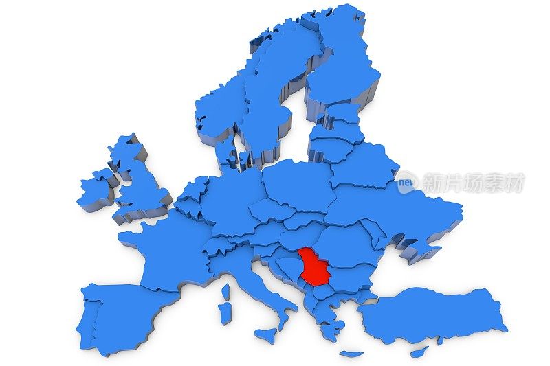 用红色标出塞尔维亚的欧洲地图