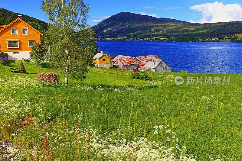 挪威的天堂:峡湾上的村庄房屋，挪威，斯堪的纳维亚