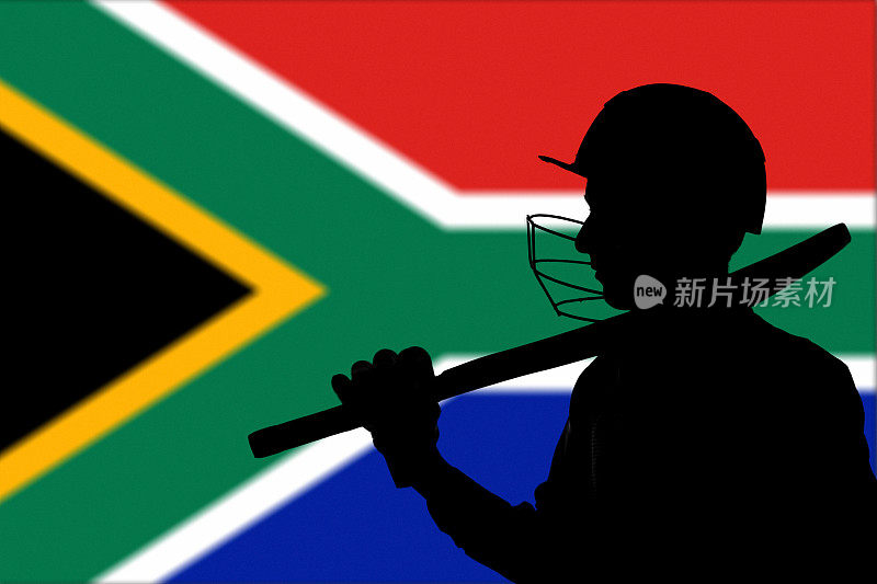 板球运动员的剪影在南非国旗模糊的背景