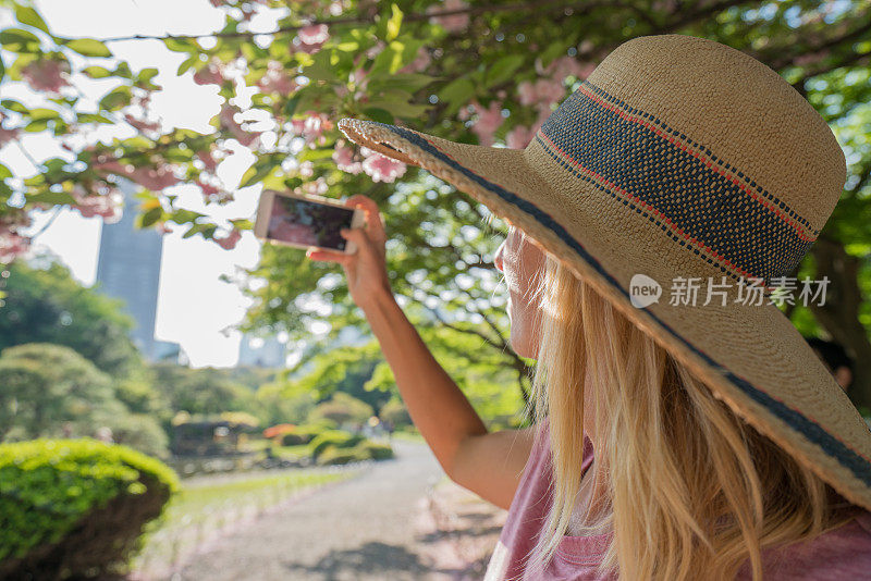一名年轻女子在东京的日本花园用手机拍照