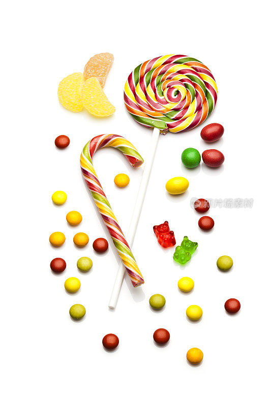 糖果:白底上的水果糖果、糖果棒和棒棒糖