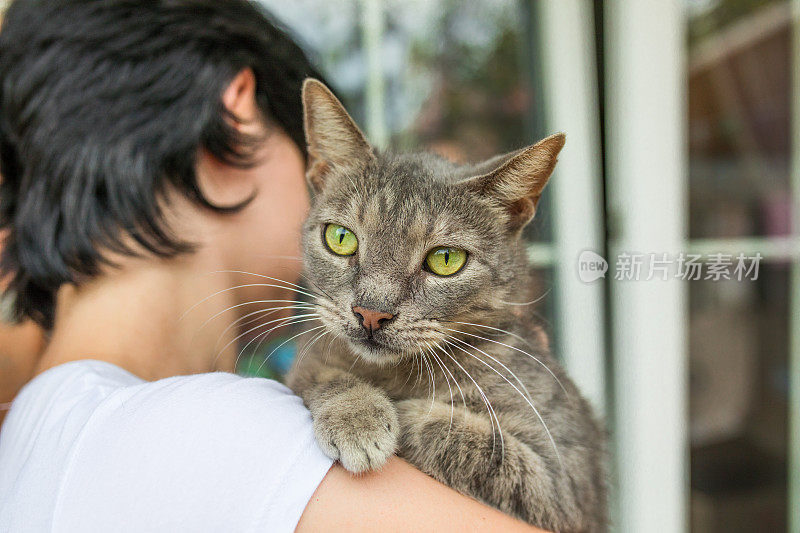 一个陌生的年轻女人抱着她的条纹猫