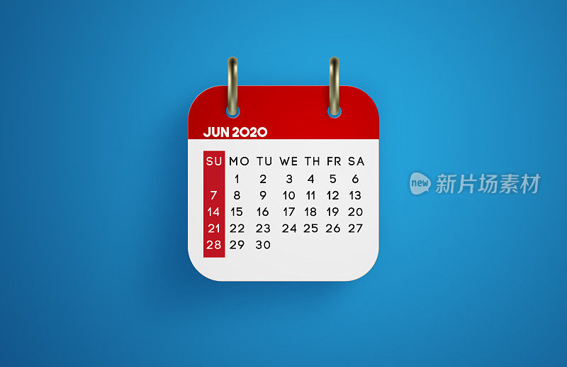 2020年6月日历，蓝色背景