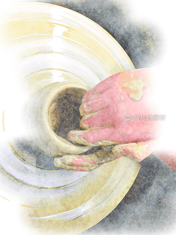 水彩插图的一个孩子在陶器轮