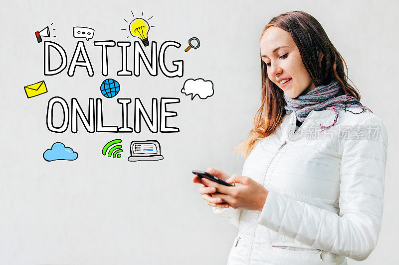 网上约会的概念-女孩在一个白色的背景与文字和图标，智能手机。