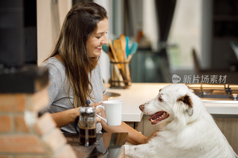 黑发女人享受着早晨的咖啡和狗的陪伴
