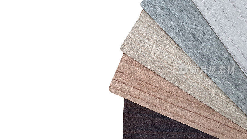 关闭室内材料的样本。木制层压或贴面样品的样品板。收集的木材层压板显示不同类型的木材隔离在背景与cipping路径。