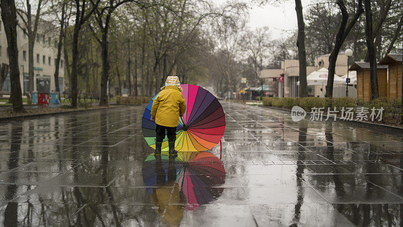 美丽有趣的金发蹒跚学步的男孩与橡胶鸭和彩色雨伞，跳跃在水坑和在雨中玩