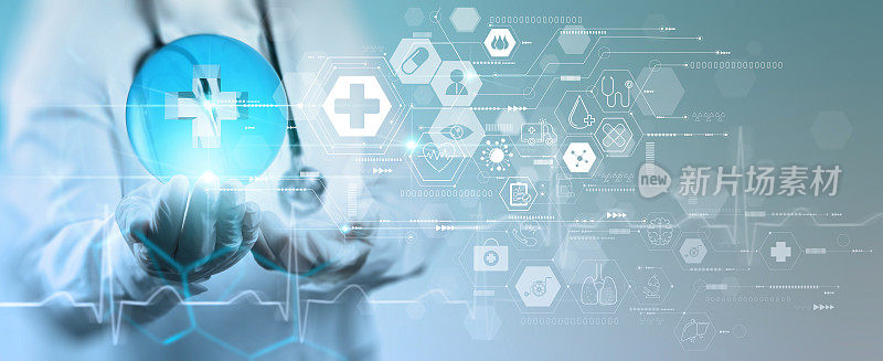 医学医生利用现代计算机诊断虚拟电子病历接口对患者进行诊断。现代虚拟屏幕上的数字医疗和网络，3d世界医疗技术和未来概念。