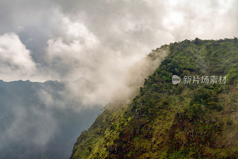 雾沿考艾岛，夏威夷海岸线