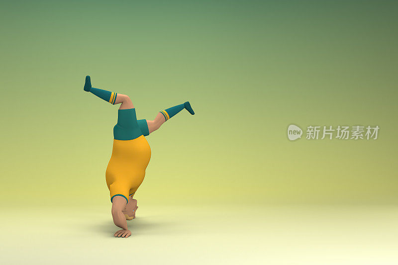 穿着黄色衬衫和绿色裤子的运动员。他正在做运动。动画角色在表演中的三维渲染。