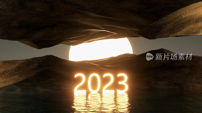 2023霓虹灯照明文字未来景观黑暗的大海