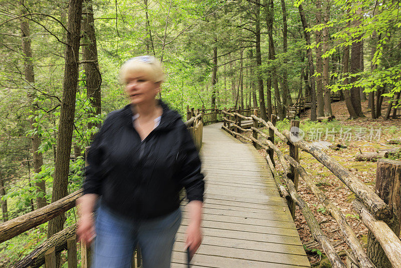 从大自然逃到宾夕法尼亚州的布什基尔瀑布保护区:在宾夕法尼亚州波科诺斯山脉的森林里徒步旅行的迷离女子