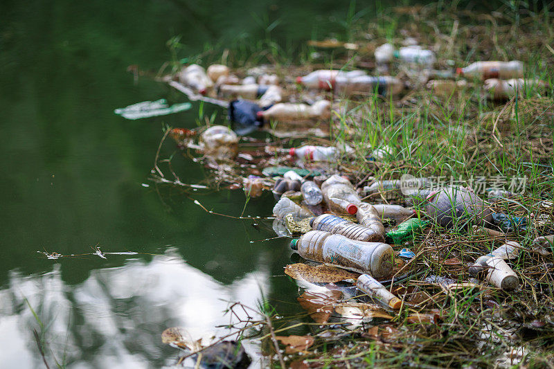 塑料瓶和垃圾污染了湖泊，突出了自然水体的垃圾和污染的环境问题。