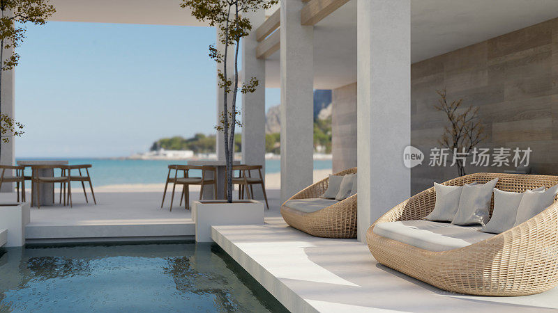 一个美丽的室外休息室，配有扶手椅和游泳池的外观设计。