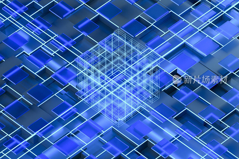抽象的技术背景立方体块与霓虹灯发光的线条