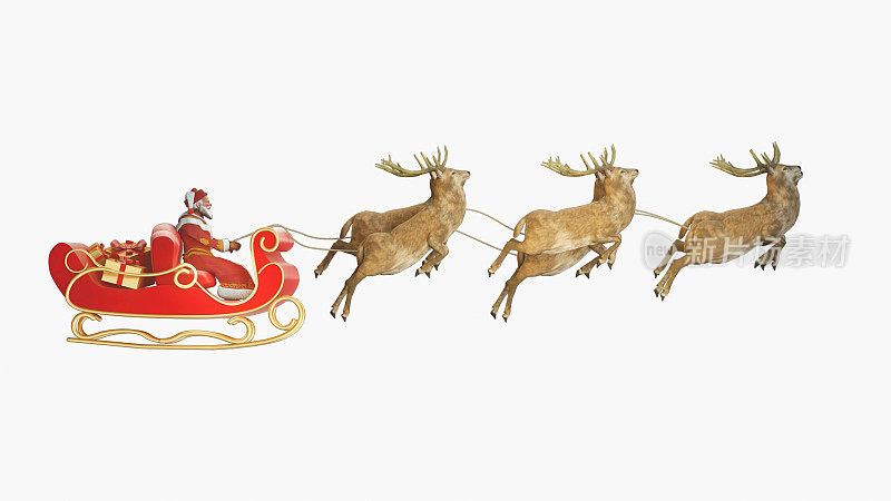 新年快乐，圣诞快乐设计与圣诞老人雪橇鹿和礼盒