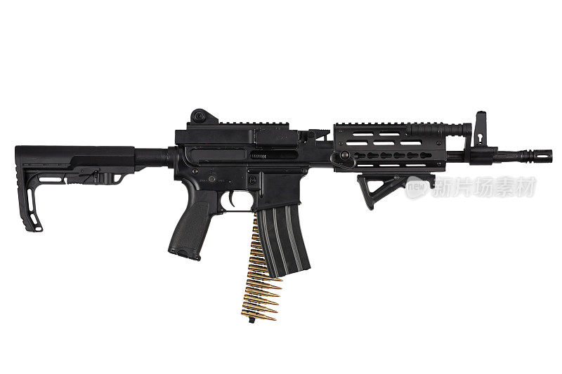 卡宾枪上带供弹，可将AR-15或M16从标准弹匣步枪转变为轻机枪。隔离在白色