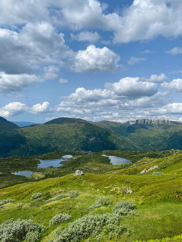 挪威的山景有雪、草和湖