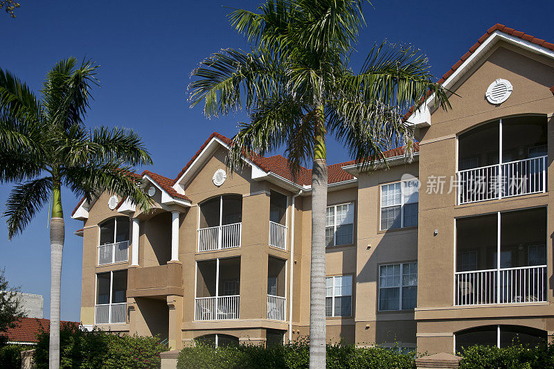 这是一栋有着棕榈树的米黄色公寓大楼的外观