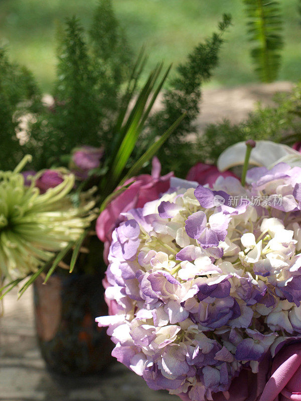 柔和的绣球花和蕨类花束在夏日