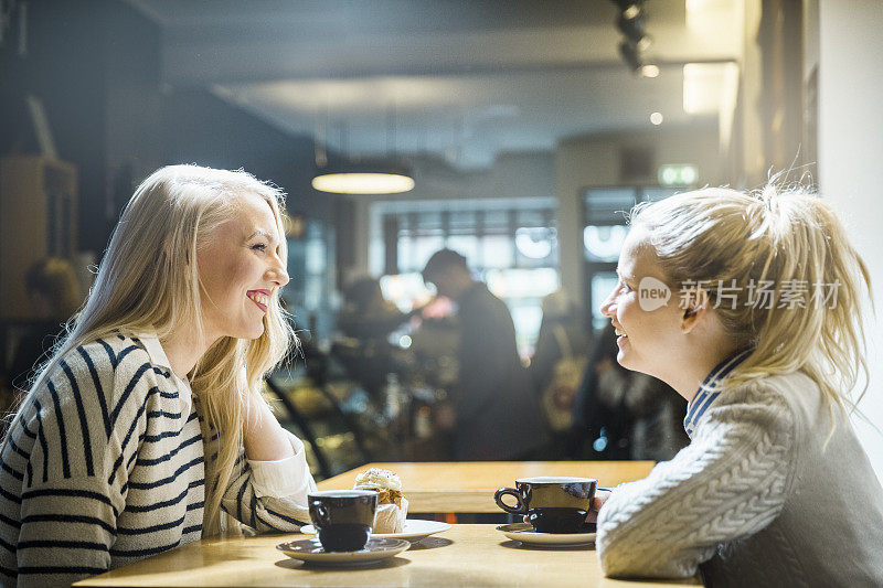 在咖啡馆里快乐的年轻女人互相看着