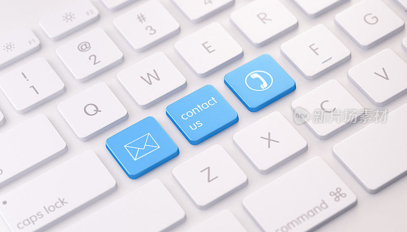 现代白色键盘与三个蓝色联系我们按钮