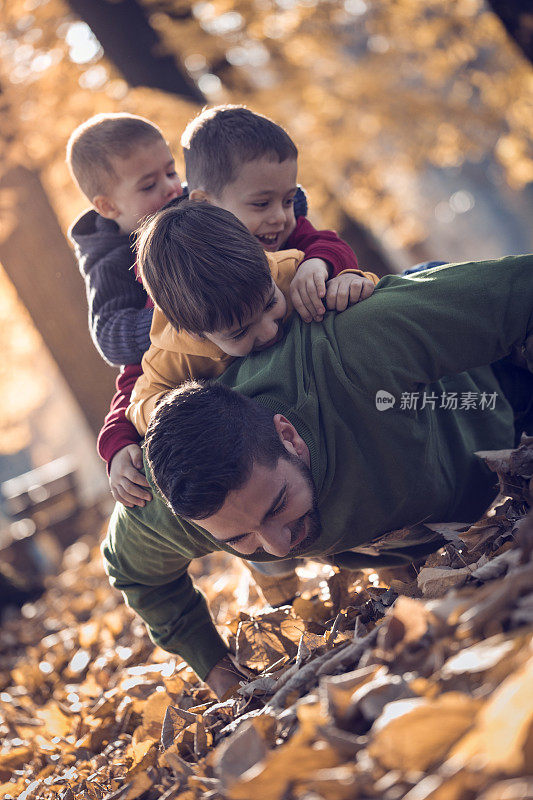 年轻的父亲躺在秋天的树叶上，背着三个儿子在公园里