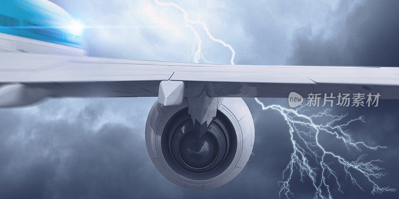 飞机在暴风雨的天空中飞行。混合媒体。多媒体的使用