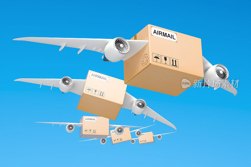空邮派递概念。包裹用翅膀在天空中飞翔，3D渲染