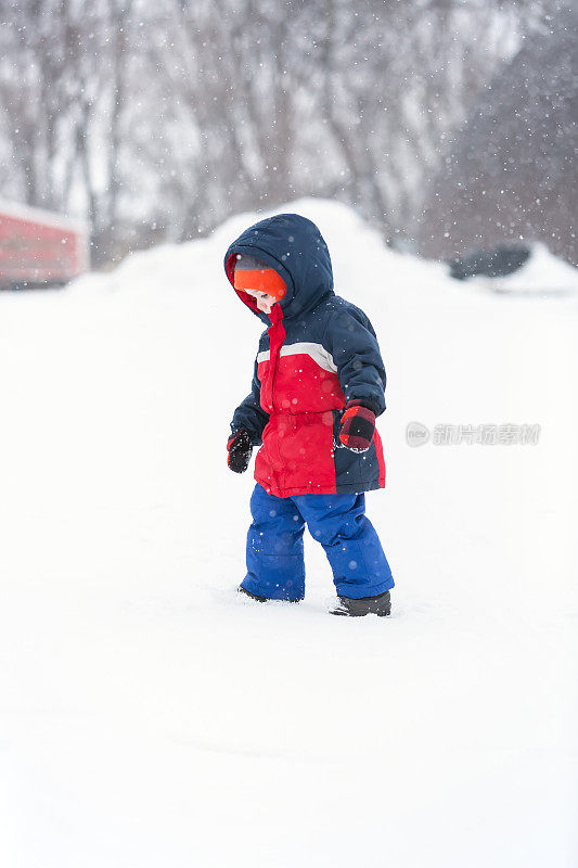 蹒跚学步的小男孩在农场的雪地上行走