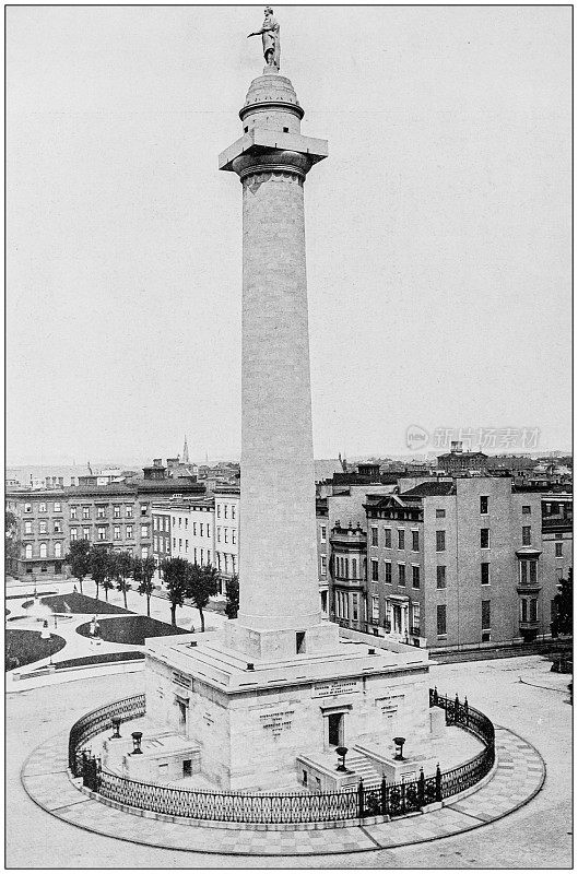 世界著名景点的古老照片:华盛顿纪念碑，巴尔的摩，马里兰州