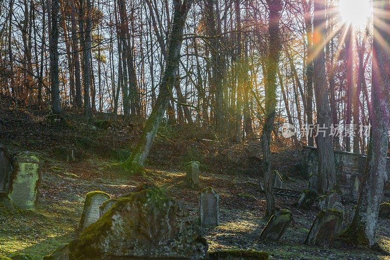 阳光照射在古老的犹太墓地和风化的墓碑上，德国