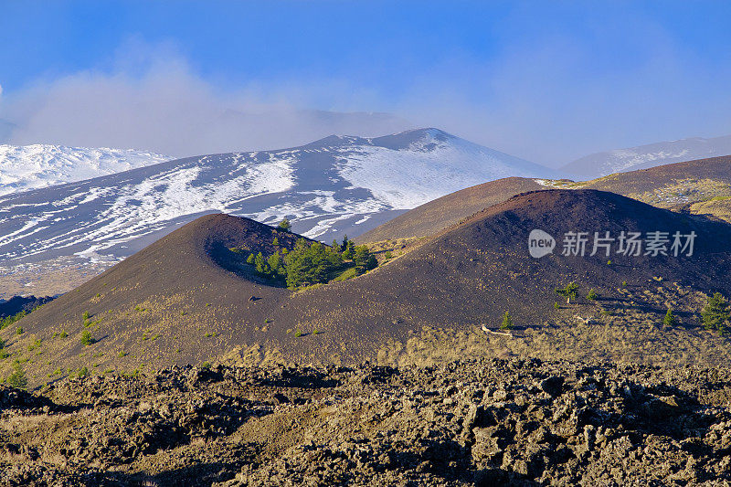 埃特纳火山(联合国教科文组织世界遗产)的冒烟峰。埃特纳公园-埃特纳公园，西西里，意大利