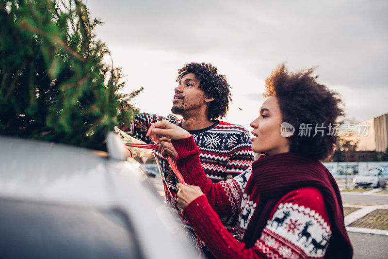 一对年轻夫妇在户外抱着圣诞树