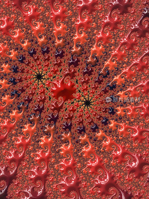 高分辨率橙色、粉色和红色分形，图案让人联想到通过显微镜看到的花朵。