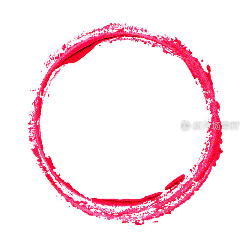 粉红色的笔触在口红的圆形框架孤立的白色背景