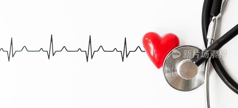 检查心脏，预防心脏病。心脏征，心电图，听诊器白色背景俯视图