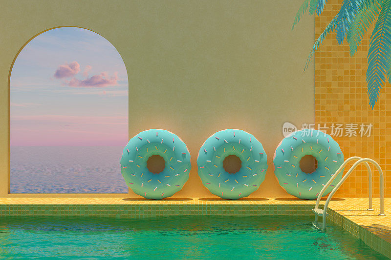 游泳池和充气甜甜圈，夏季概念