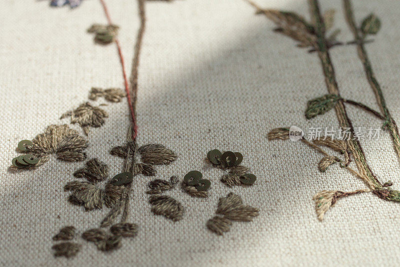 时装刺绣的花。丢勒的静物画，画有耧斗菜、紫罗兰和昆虫