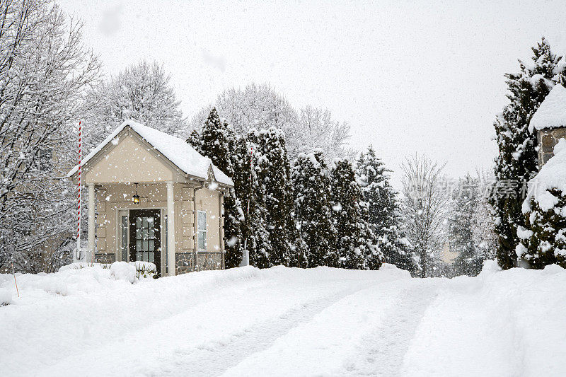 暴风雪中通往中心点农场的大门和车道