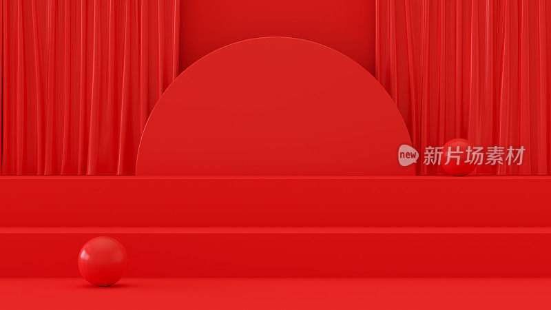 空的产品站，平台，带楼梯的讲台，最小设计，红色背景，圣诞新年概念