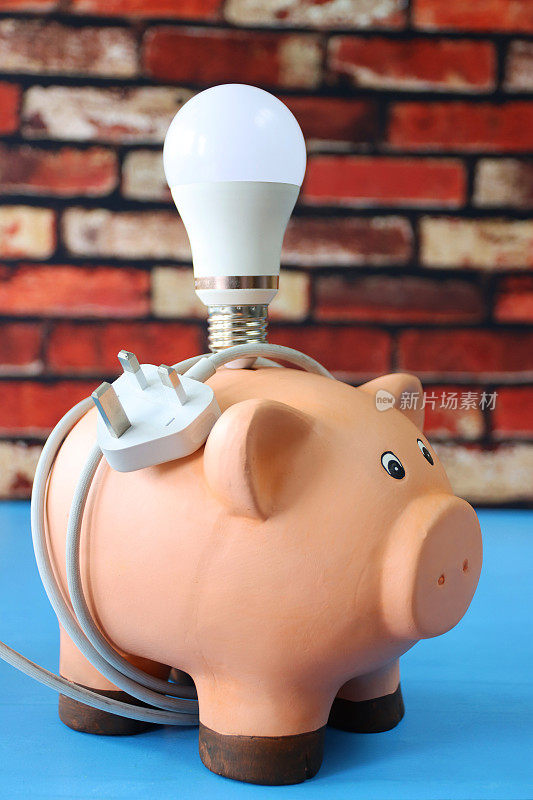 特写图像的小猪存钱罐包裹着电线插头和平衡的灯泡在背后，聚焦前景，电力，能源和家庭财务的概念