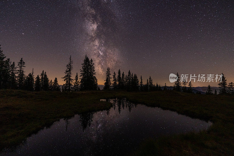 许多星星和银河在山湖