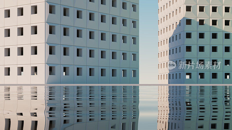 建筑是古典的简单建筑，方形的窗户相互旋转，背景是蓝天和水中的倒影。